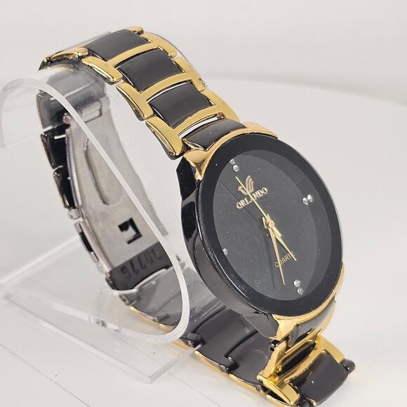 Orlando Black Gold Tone Quartz Analog Watch with Link Band 7.25" Wrist - Picture 6 of 16